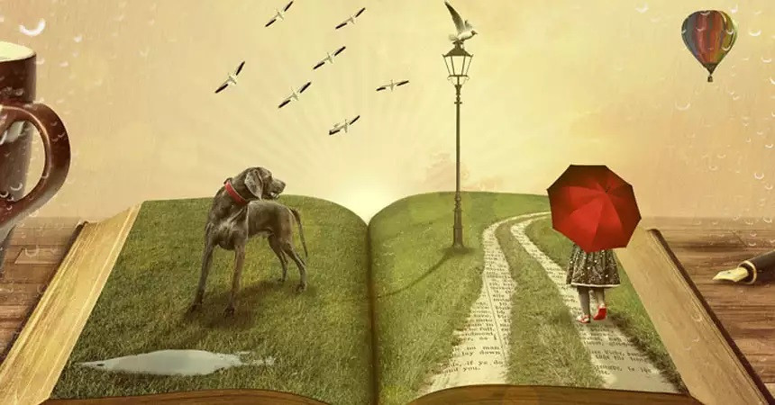 En hund och en figur som kommer upp ur en bok.