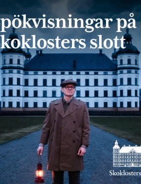 En man håller i en lykta med ett slott i bakgrunden.