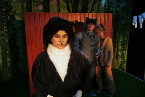 Person i kattkostym och i bakgrunden två personer i kattkostymer