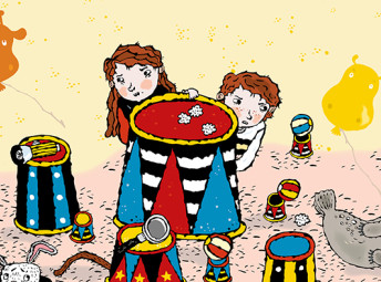 Tecknad bild över cirkusmiljö och barnen Lasse och Maja