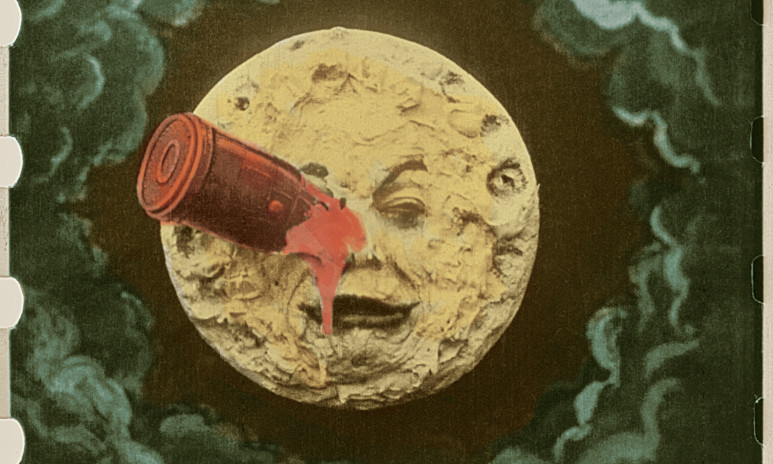 Frame from the only surviving hand-colored print of Georges Méliès’s 1902 film Le voyage dans la lune.