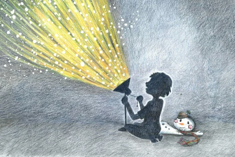 Illustration med barn, lampa och snögubbe