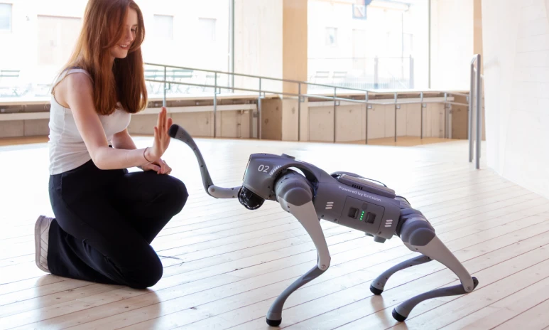 tjej och robothund gör high five