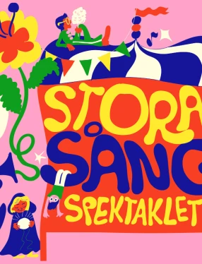 illustration med text Stora sångspektaklet samt gubbar, ballonger och blommor mot rosa bakgrund