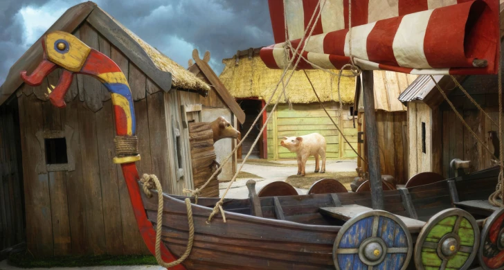 Lekutställning med vikingaskepp, hus och djur.